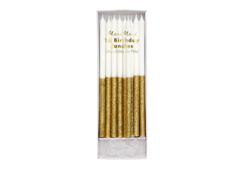 Gold colour dipped glitter candles (set of 16) | MERI MERI