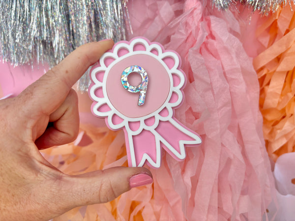 SCALLOPED PINK IRIDESCENT NUMBER BIRTHDAY BADGE - (sold separately)