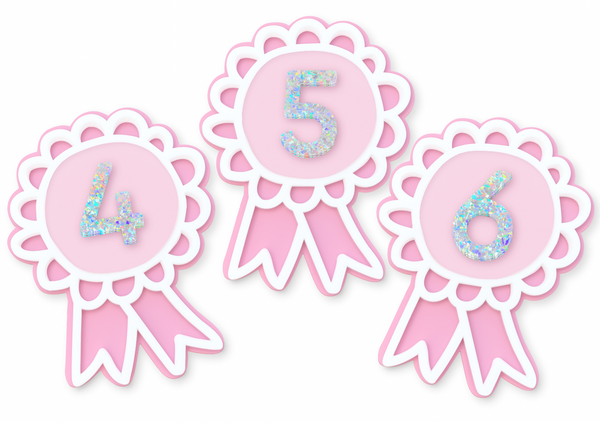 SCALLOPED PINK IRIDESCENT NUMBER BIRTHDAY BADGE - (sold separately)