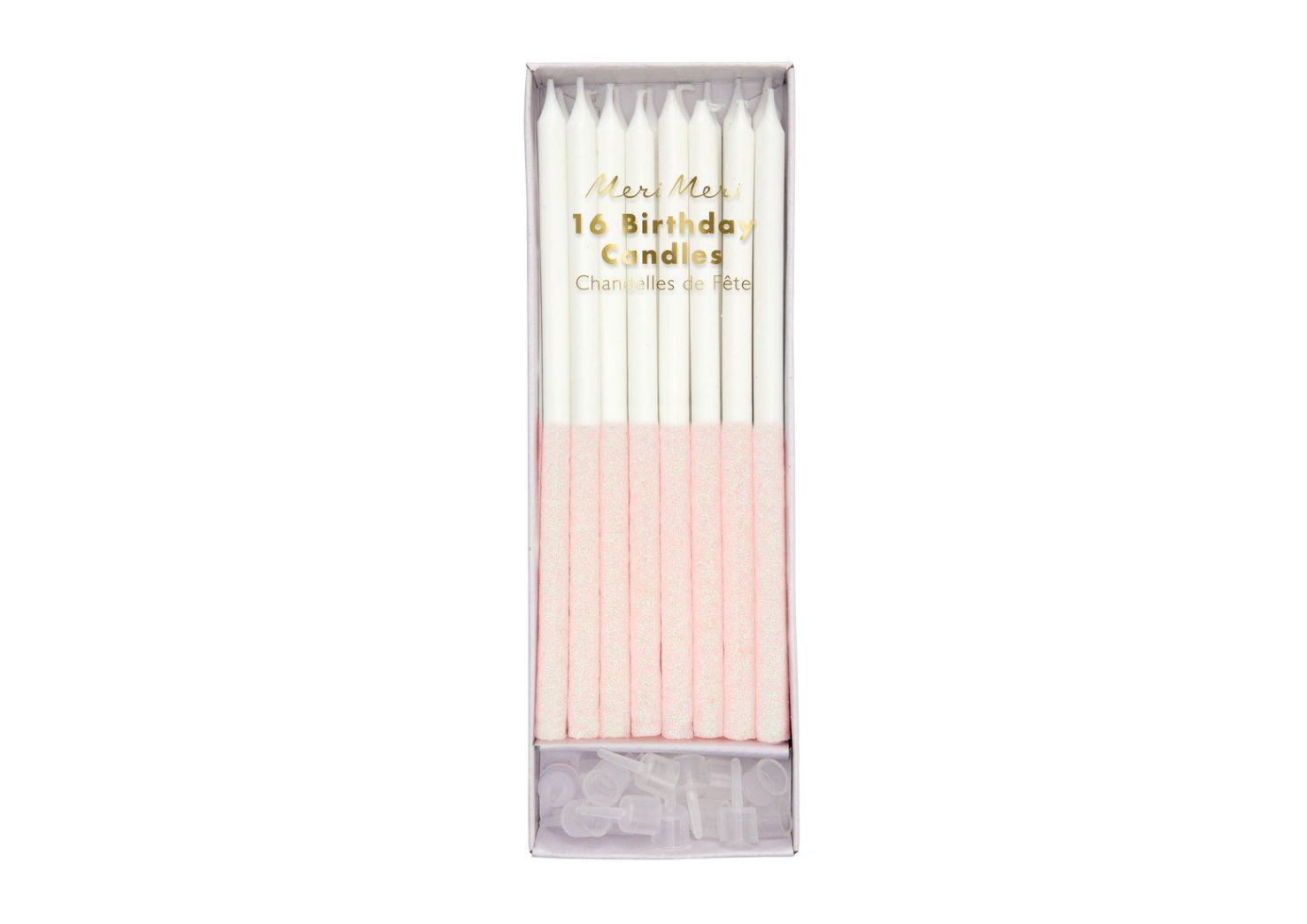 Pale Pink colour dipped glitter candles (set of 16) | MERI MERI